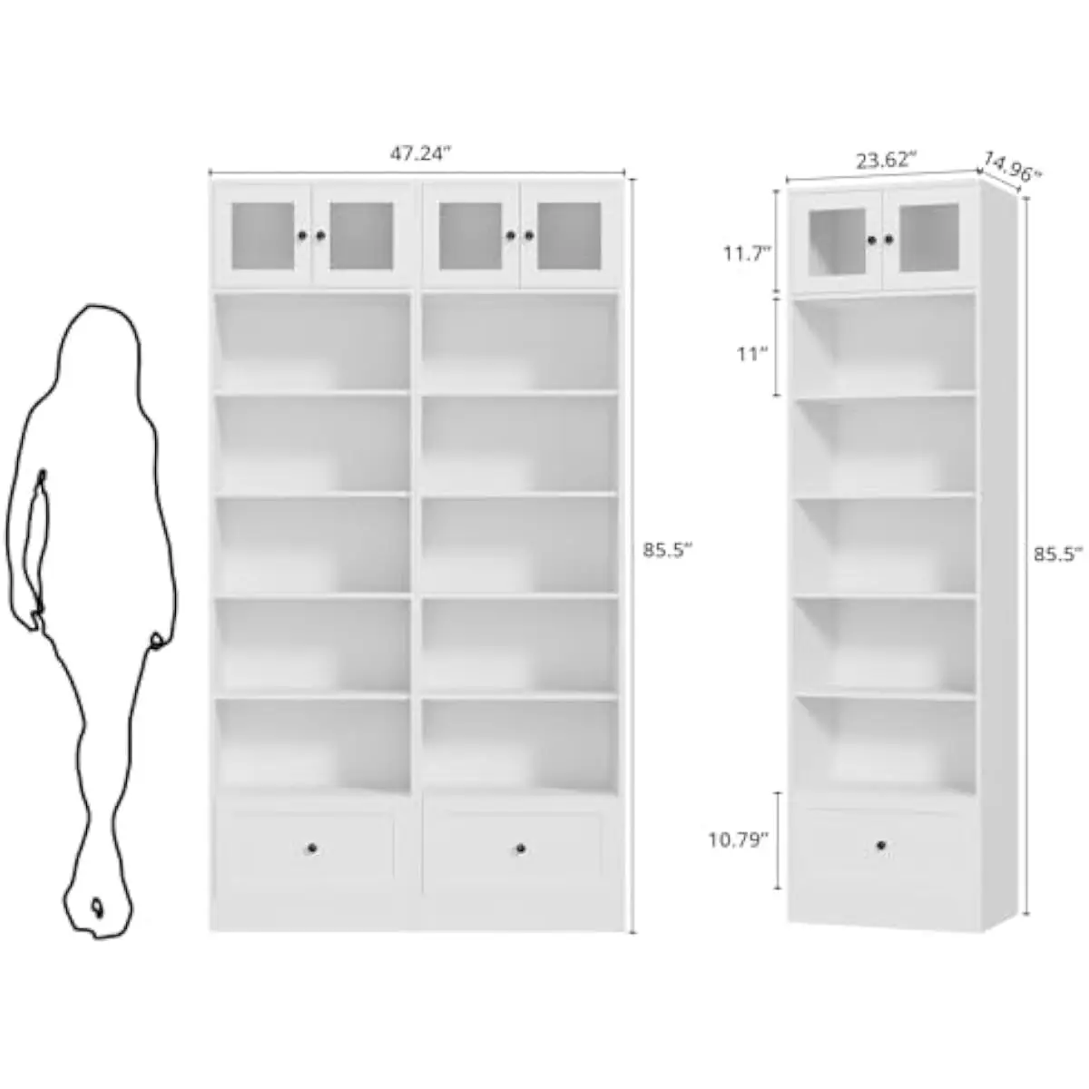 Tall 85.5 inch floor-standing white storage unit with 7 open shelves and 1 concealed drawer, rectangular engineered wood cabinet