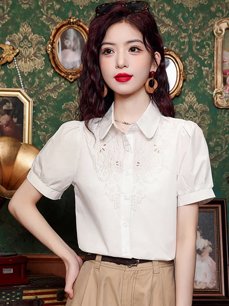 SMTHMA 2024 New Summer China Style Embroidered Hollow Out Short Sleeved Shirt Women\'s Turndown Collar Fashion Solid Tops