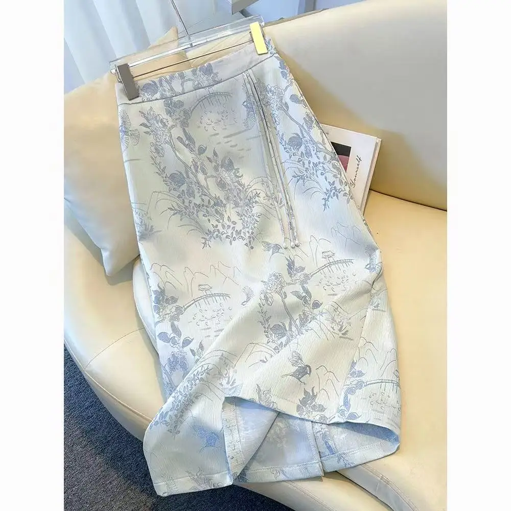 

New Chinese Style Elegant Half Skirt Women's Spring Autumn High Waist Temperament A-Lien Mid Skirt Beautiful Embroidery Skirts