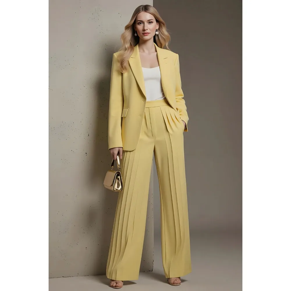 

Elegant Women 2-Piece Yellow Suit Set 2026 New Premium Blazer & Pleated Wide-Leg Pants Office Commute Formal Outfit with White