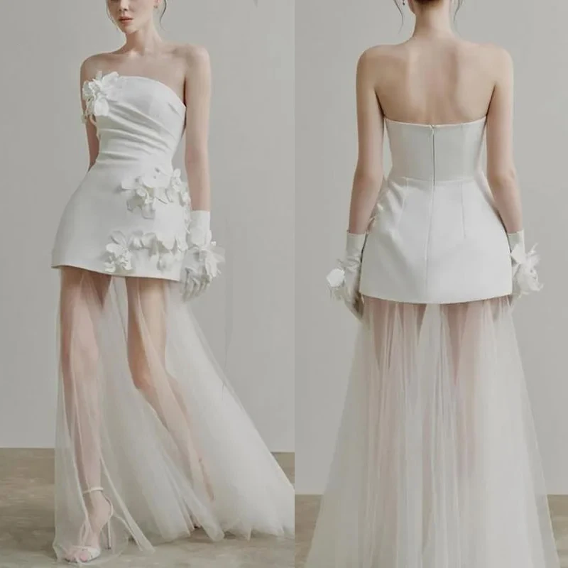 Robes de mariée légères et douces pour femmes, en Satin blanc, fleur 3D, sans bretelles, Mini robe de mariée Sexy avec traîne en maille, nouvelle collection