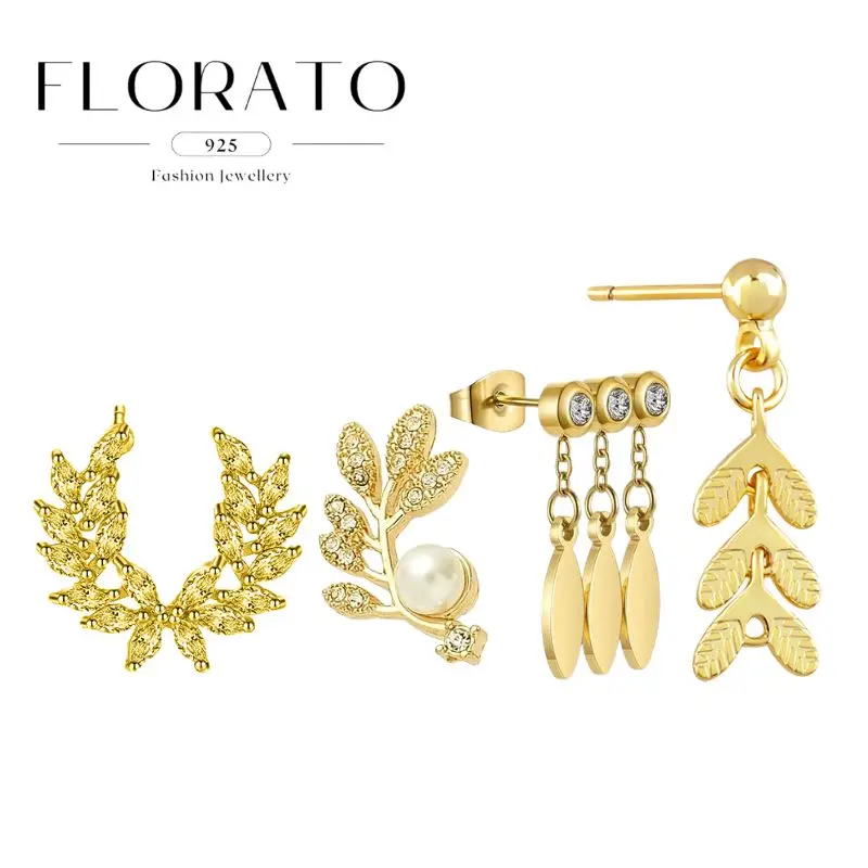 

FLORATO 925 Sterling Silver Ear Needle Leaf Shape Zircon Earrings For Women retro Earrings Fashion Party Jewelry Exquisite Gifts