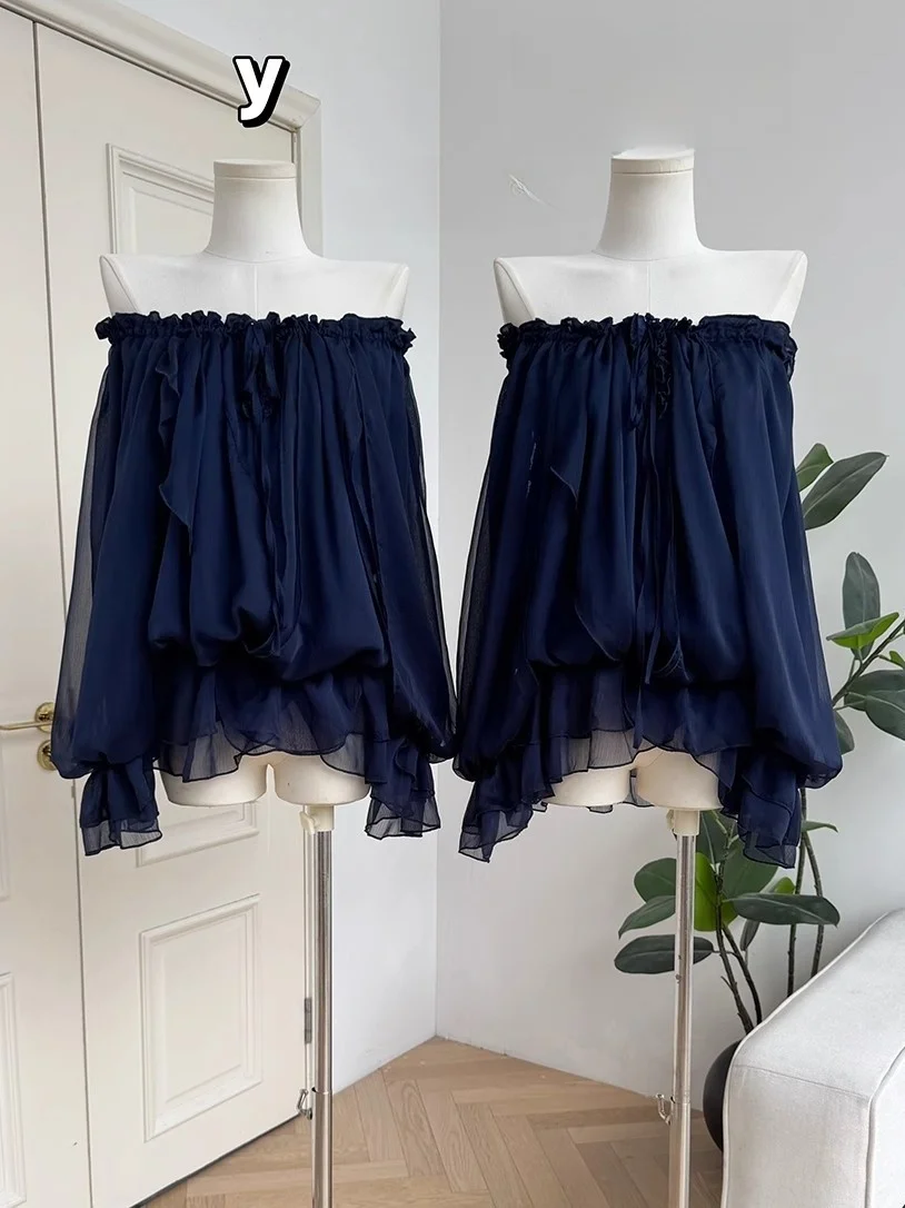 

Tiancai Blues *Empr Корейский шифоновый топ на одно плечо с длинным светом, ранняя осень, свободный нежный дизайн, сенсационный дрейфующий топ