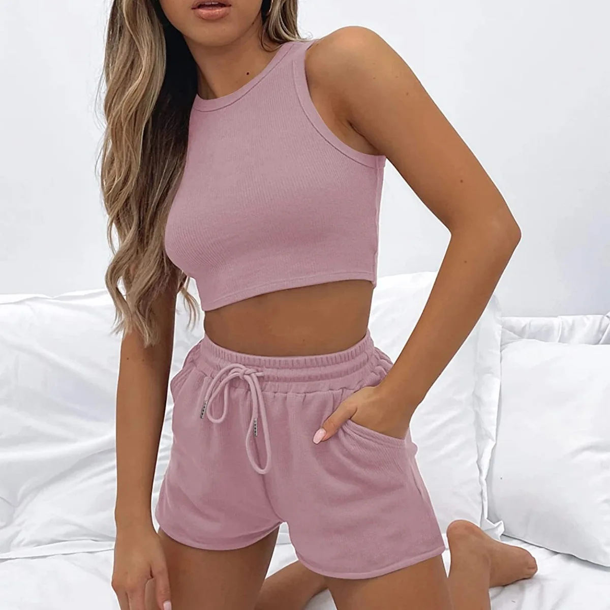 Frauen 2025 Sommer Neue Ärmellose Waffel Anzug Einfarbig Weste Mode Lässig Kurze 2 stück Anzug Ensemble Femme 2 stück Été