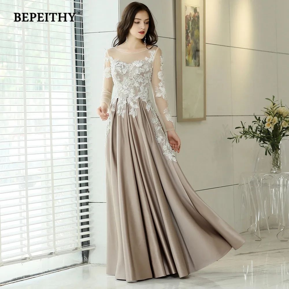 BEPEITHY Customized Full Sleeves Evening Dresses For Women O-neck Lace Appliques Prom Vestido De Noche A-line Satin Gowns Female