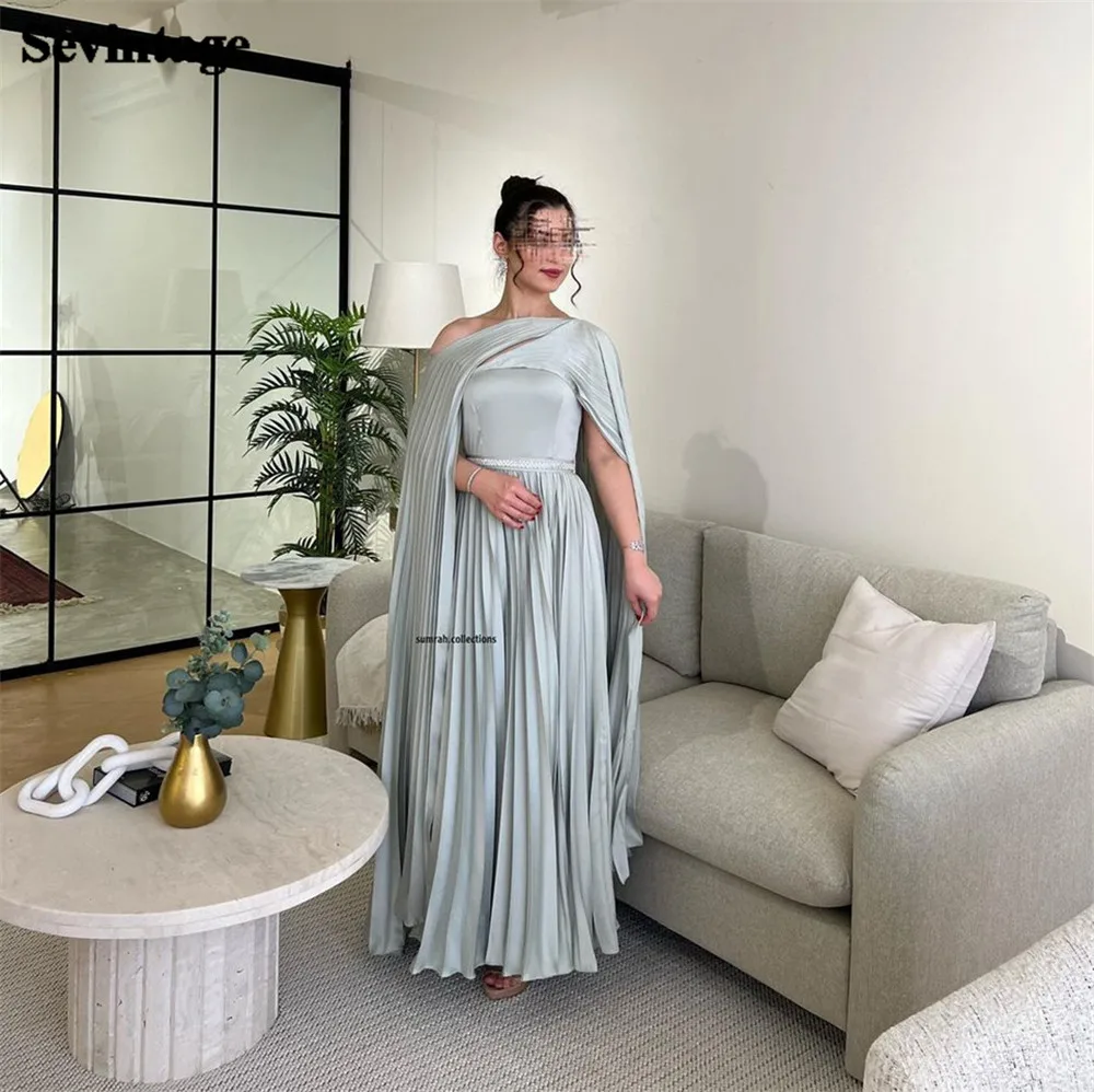 

Sevintage Modest Saudi Arabic Women Prom Dresses One Shoulder Long Cape Sleeves Formal Pleated Dress Homecoming Party Gowns