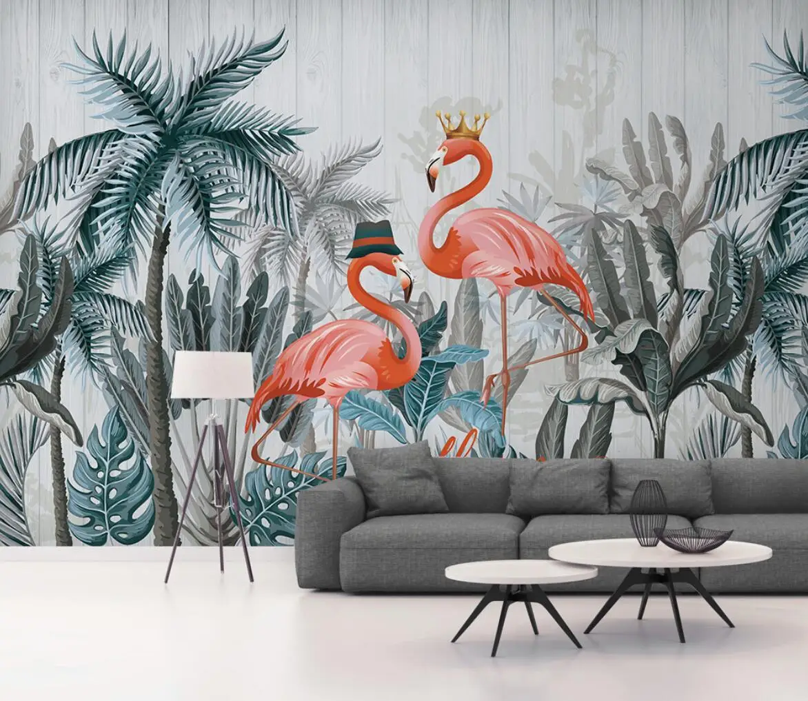 papel de parede Custom Wallpaper Mural Nordic Retro Coconut Wood Flamingo Bedroom Background wall placards de cuisine