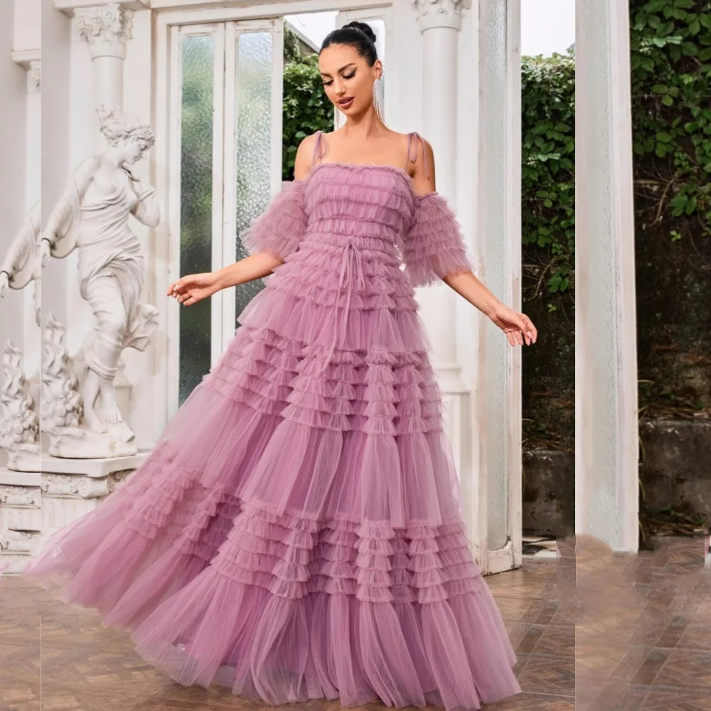 

Intricate Matching Tulle Pleat Tiered Draped Sash A-line Off-the-shoulder Long Dresses Cocktail Dresses Elegant Exquisite Casual