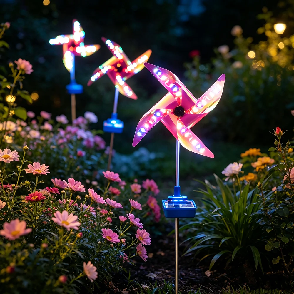 2pcs Solar Garden Lights Outdoor Solar Windmill LED Lights with 4 Colors Light Ground-Insertion Windmill Solar Landscape Lights