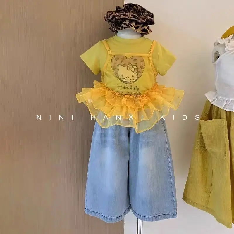 

Комплект Sanrio для девочек с короткими рукавами, кружевная юбка, куртка Hello Kitty kawaii Love с принтом Джеркин, крутая летняя майка, детская одежда