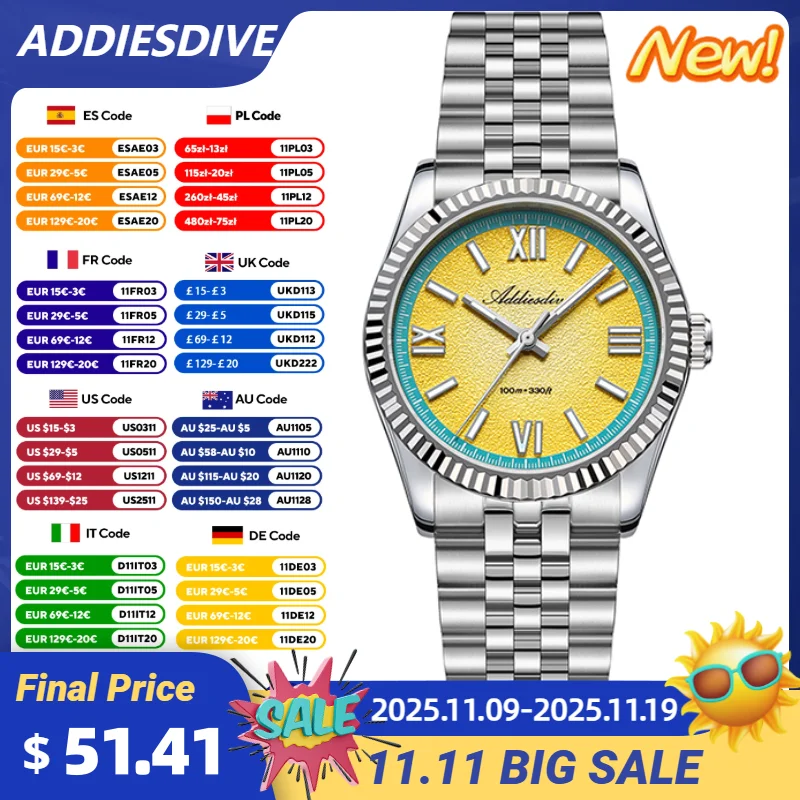 

ADDIESDIVE New Men's Watch VH31 Sapphire Glass 36mm Fun Fruit Series Luxury Dress Watch Luminous Waterproof 10Bar Quartz Watches