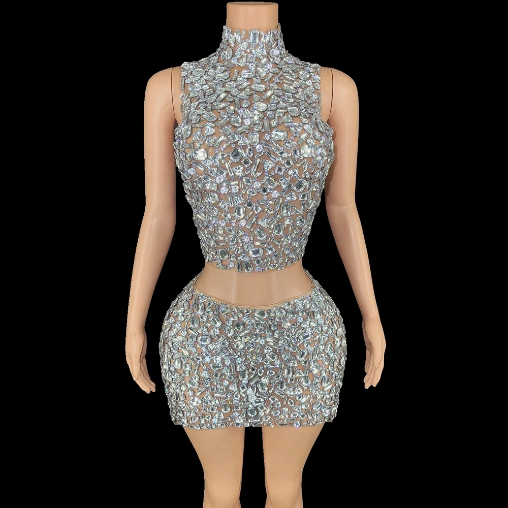 

Sparkly Crystals Top Backless Short Skirt Two Pieces Sexy Mesh Transparent Celebrate Evening Prom Birthday Dress Show Stage Wear