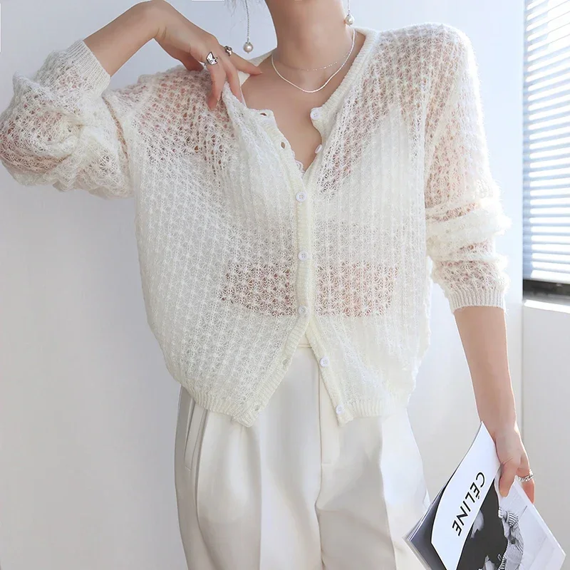 2024 Autumn Women's Cardigan Retro French Gentle Wind Fashion Wild Mohair Crochet Hollow Breathable Thin Knit Cardigan Sweater