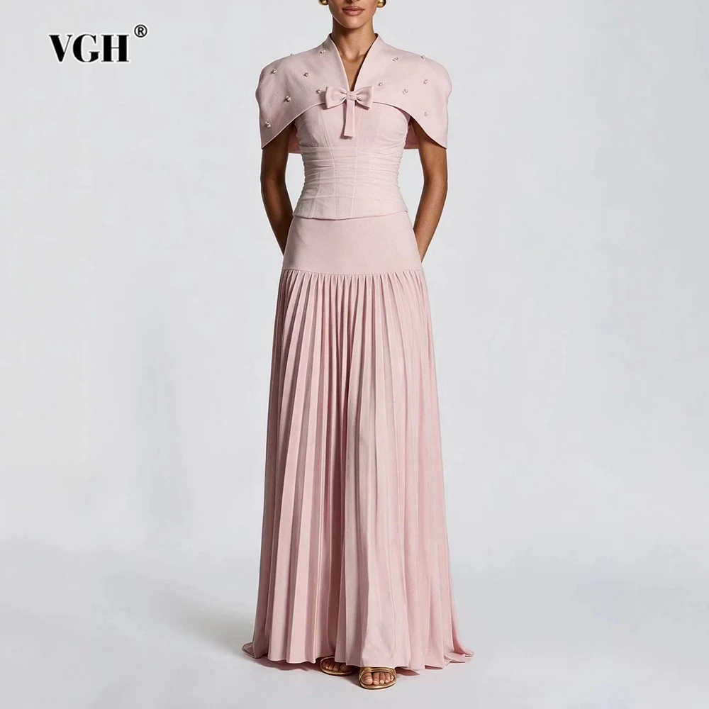 VGH Chic Pink 3 Piece Set for Women Beaded Bow Cape Sleeve Strapless Corset Top High Waist Pleated Floor Length Skirt for Party
