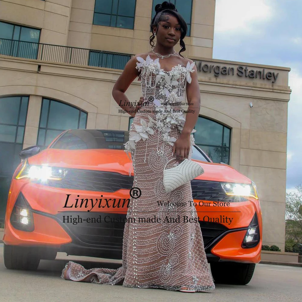 فساتين حفلة موسيقية كلاسيكية مطرزة بالخرز للفتيات السود على شكل ورقة حورية البحر فساتين حفلات مسائية مخصصة بدون أكمام لؤلؤ فيستدو مادرينها