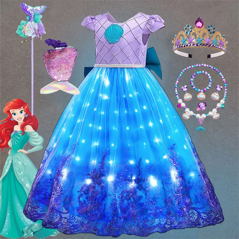 Disney Fairy Tale The Little Mermaid Costume Glowing Princess Ariel Ball Gown ‌Featured with Embroidery Deluxe Carnival Dress