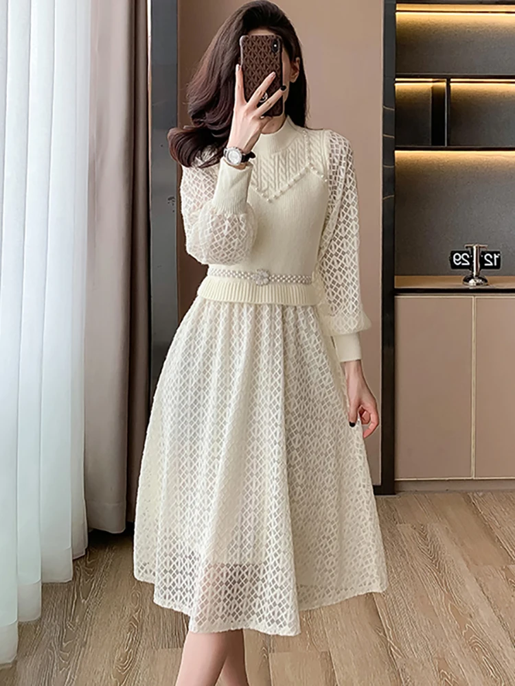 Women Fashion Plaid Hollow Out Bodycon Beading Long Dress 2024 Luxury Elegant Sweater Dress Autun Winter Korean Casual Vestidos