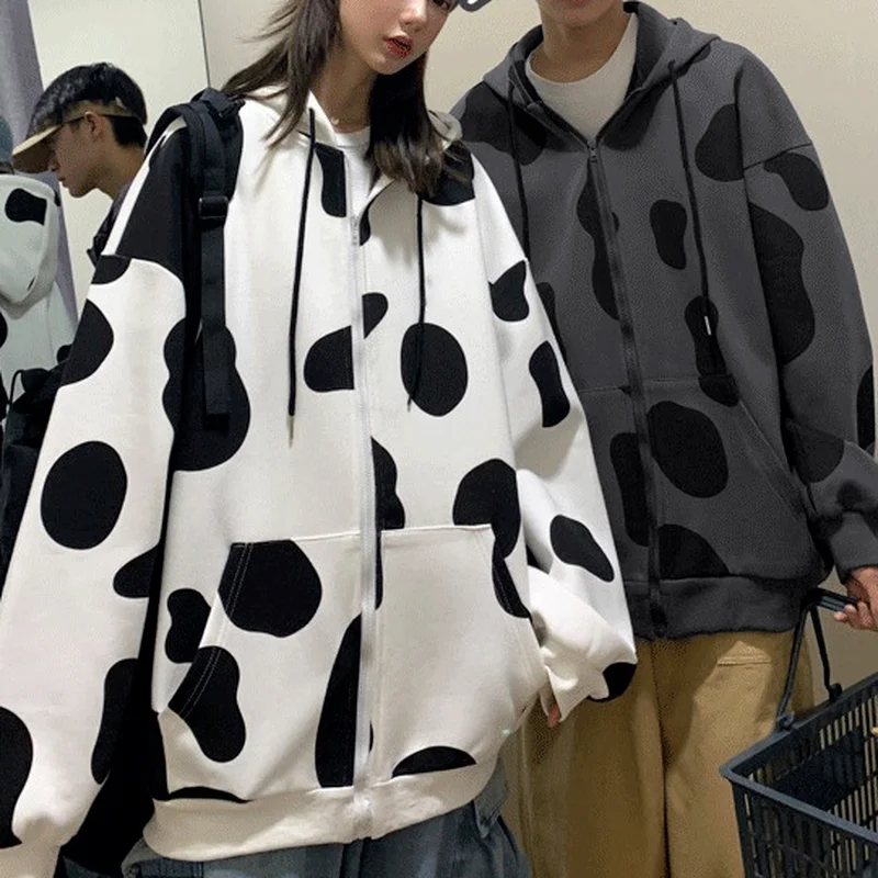 

New Autumn and Winter Women's Cow Print Print Color Block Zipper Hooded Cardigan Jacket Thick Warm Loose Casual Harajuku Jacket