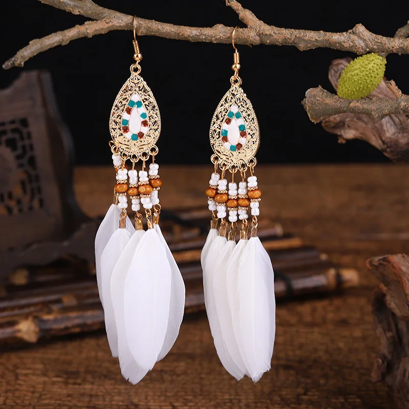 Bohemian Vintage Lange Weiße Feder Ohrringe für Frauen Ethnische Temperament Gold Farbe Kette Quaste Ohrringe Boho Hochzeit Schmuck – Detail 4