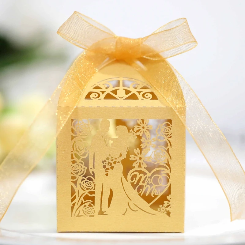 50/100/200pcs Wedding Bridegroom Bride Gift Boxes Ribbons Party Thank You Guests Candy Packaging Small Chocolate Box Wholesale