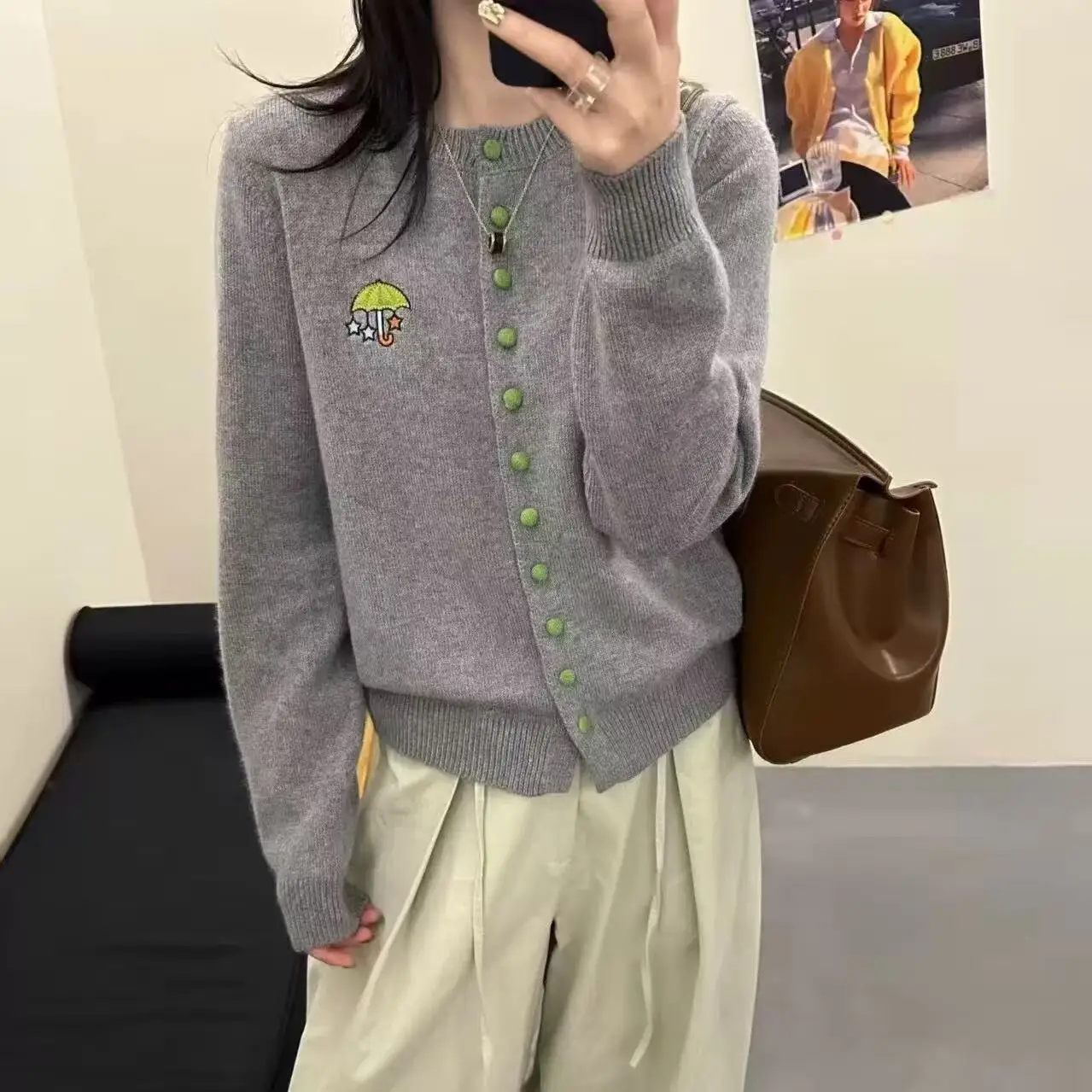 

Stars Embroidery Long Sleeve Knitted Cardigan for Women 2026 Spring New Splicing Button High End Coats Casual Loose Gray Sweater