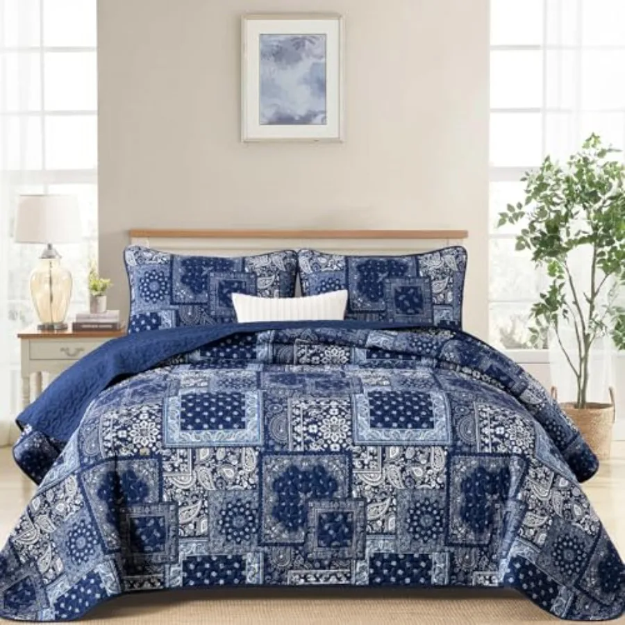 

Patchwork Quilt Set SizeBoho Quilt Set Paisley Farmhouse Bedspread Soft Microfiber Bedding Set for All Season 96"x90
