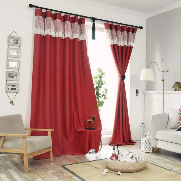 

Curtains for Living Dining Room Bedroom Blackout Curtains Solid Color Red Splicing Lace Festive Festival