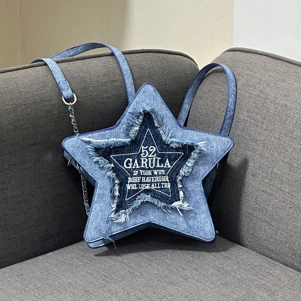 Color Blocked Denim Pentagram Backpack Embroidered Letters Tassel Crossbody Bag Fashionable Casual Personalized Women's Bag
