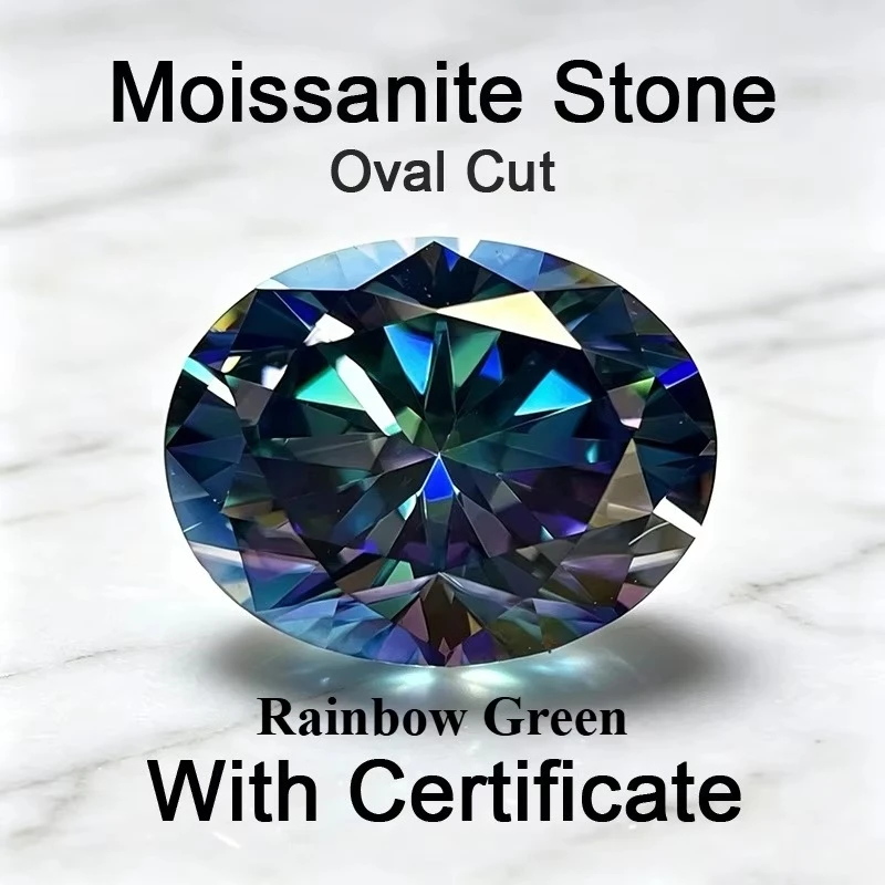 Moissanite Stone Oval Cut Rainbow Green Charms Gemstone for DIY Jewelry Making Materials Pass Diamond Tester with Certificate