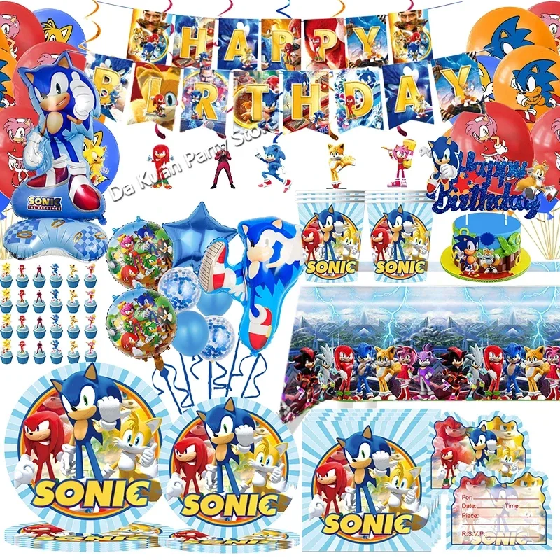 New Cartoon Sonic Party Supplies Boys Birthday Party Disposable Tableware Set Paper Plate Cup Napkins Baby Shower Decorations