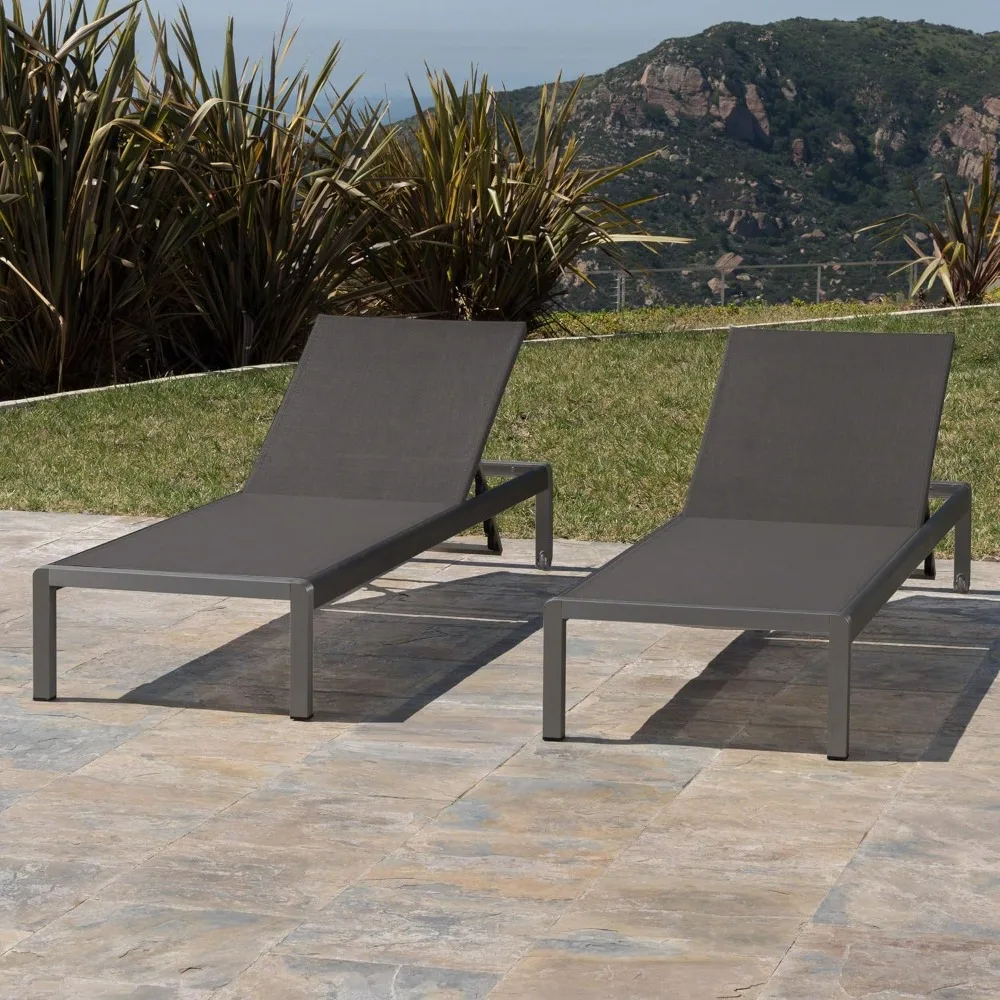 Outdoor Aluminum Chaise Lounges with Mesh Seat, 2-Pcs Set, Grey / Dark Grey