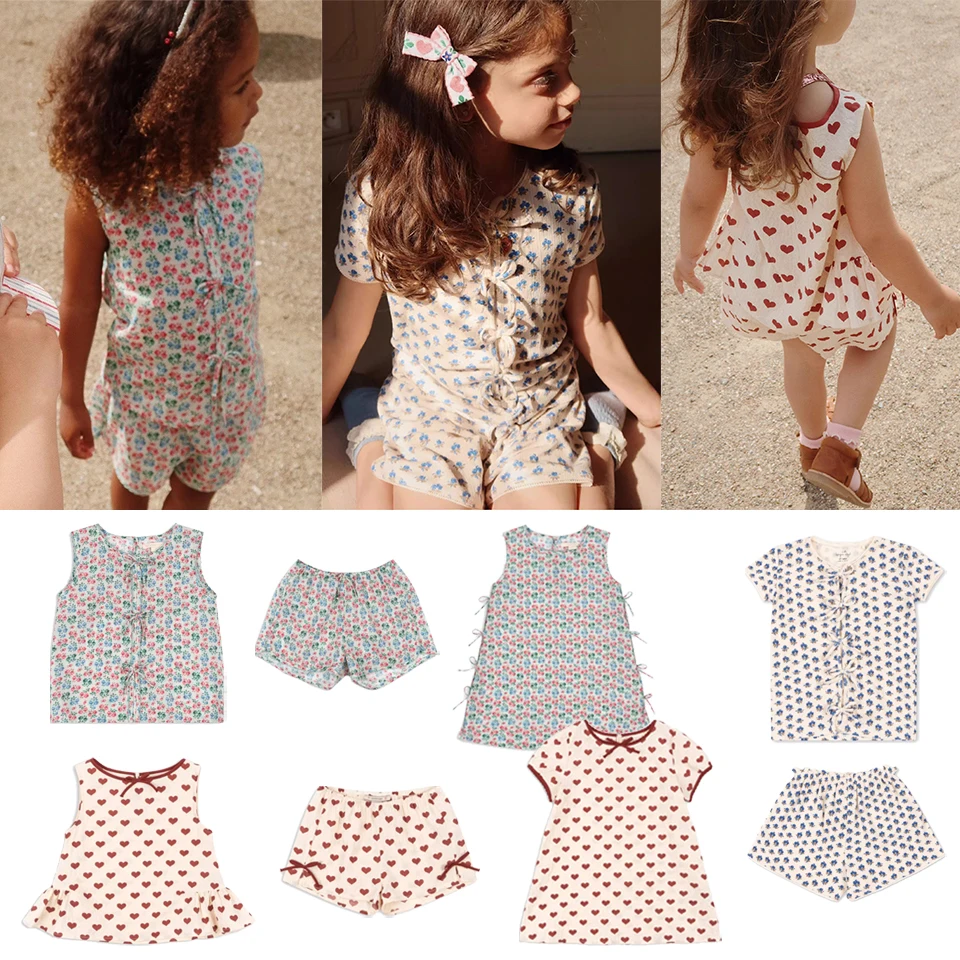 

Новинка 2023 года, летний комплект одежды KS для девочек с цветочным принтом, платье с полным сердечком для маленьких детей, милые топы, футболка, шорты, детская одежда