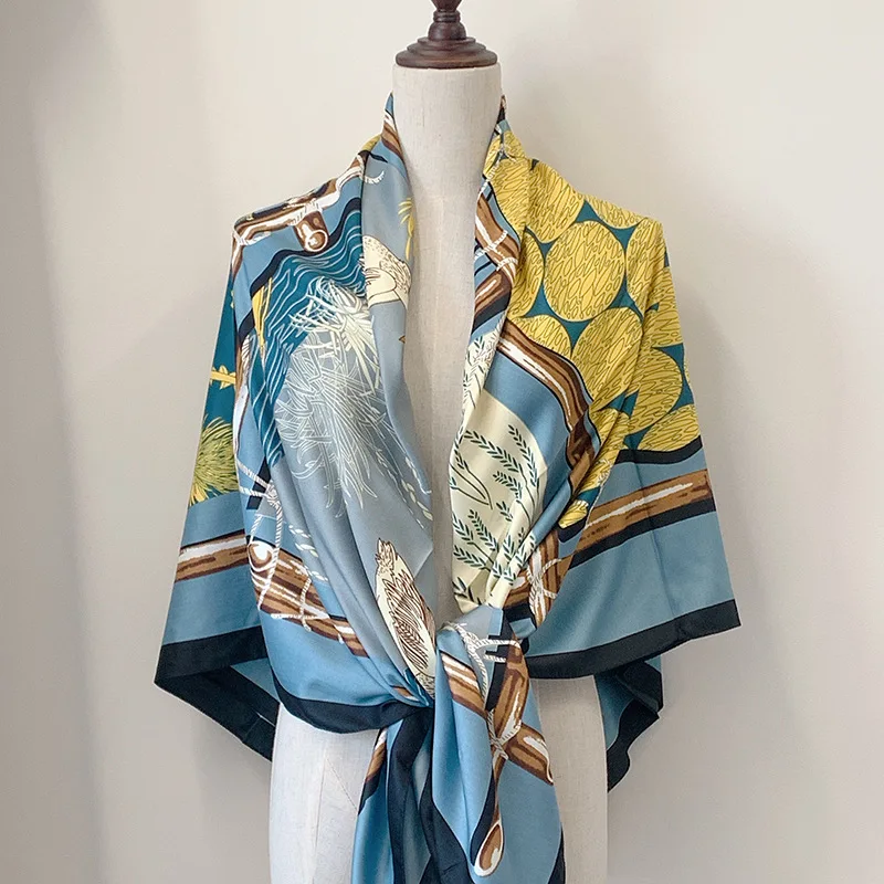 Luxury  Pure Silk Scarf Women Large Shawls Stoles Tree Print Square Scarves Echarpes Foulards Femme Wrap Bandanas 130*130CM