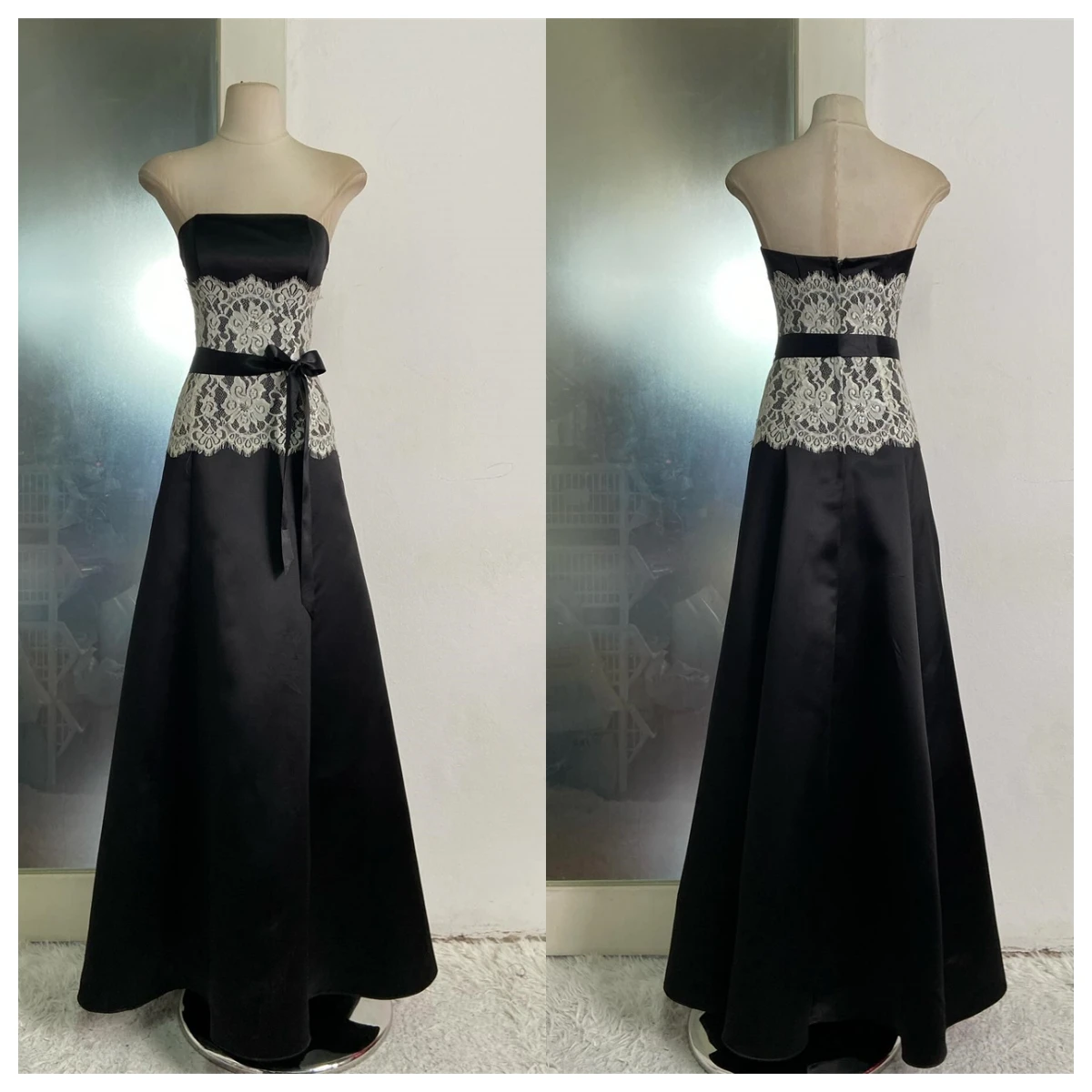 

Customized Exquisite Black Satin Evening Dress Strapless Sleeveless Celebrity Gowns Bespoke Occasion Gowns Lace Zipper Back