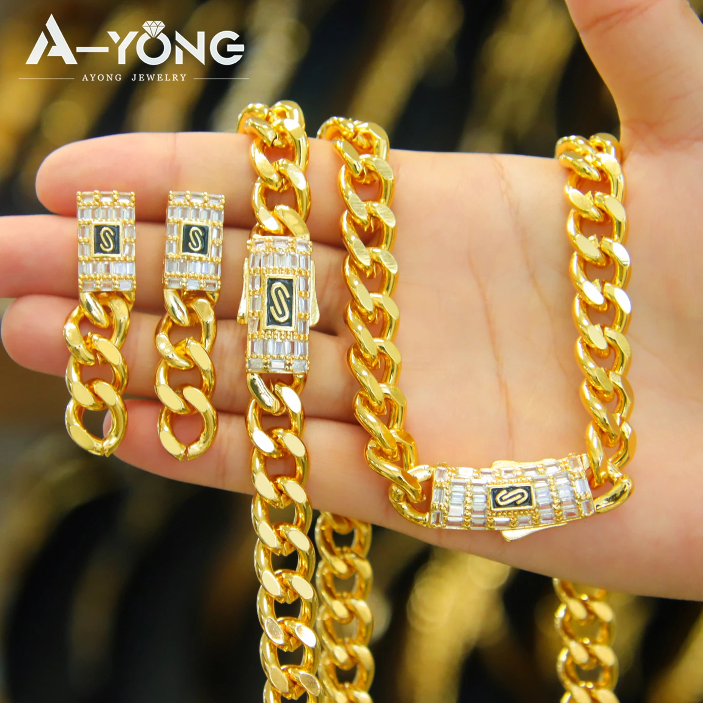 Italienisches Hip Hop-Schmuckset mit kubanischen Gliederketten, 21 Karat vergoldet, islamische Zirkonia-Halskette, Algerien, für Damen und Herren, Hochzeitsschmuck – Detail 4
