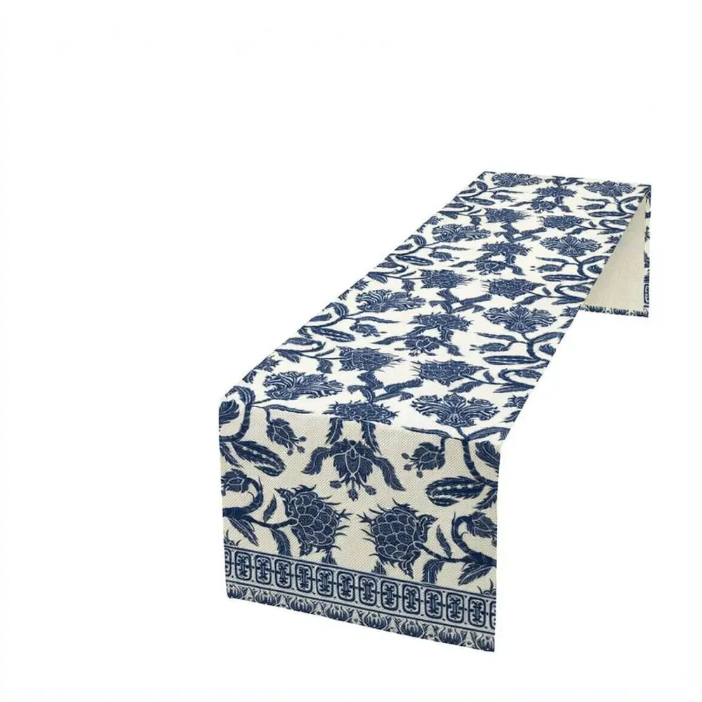 Abstract Floral Linen Table Runner Blue Ceramic Design Tablecloth For Kitchen Dining Room Home Party Decoration