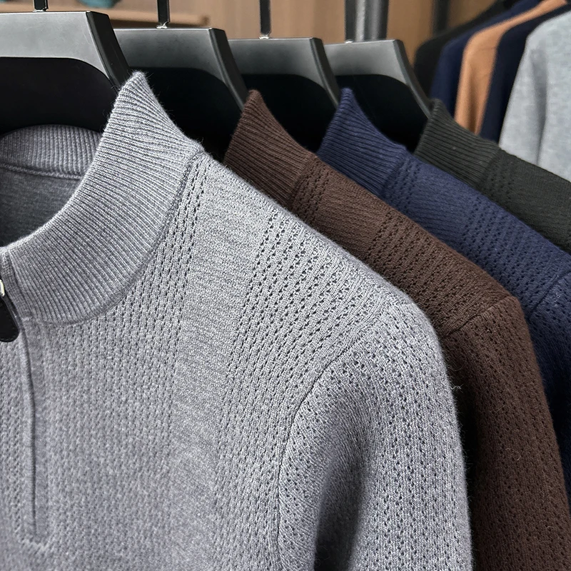 Hochwertiger Herrenpullover Herbst Winter Neuer Reißverschluss Stehkragen Modemarke Klassisches Streifenmuster Koreanischer Casual Jacquard Strickpullover – Detail 19