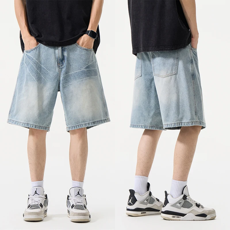 

Light Blue Summer Men's Denim Shorts Straight Loose Fit American Style Mid Length Pants Casual Summer Loose Jeans