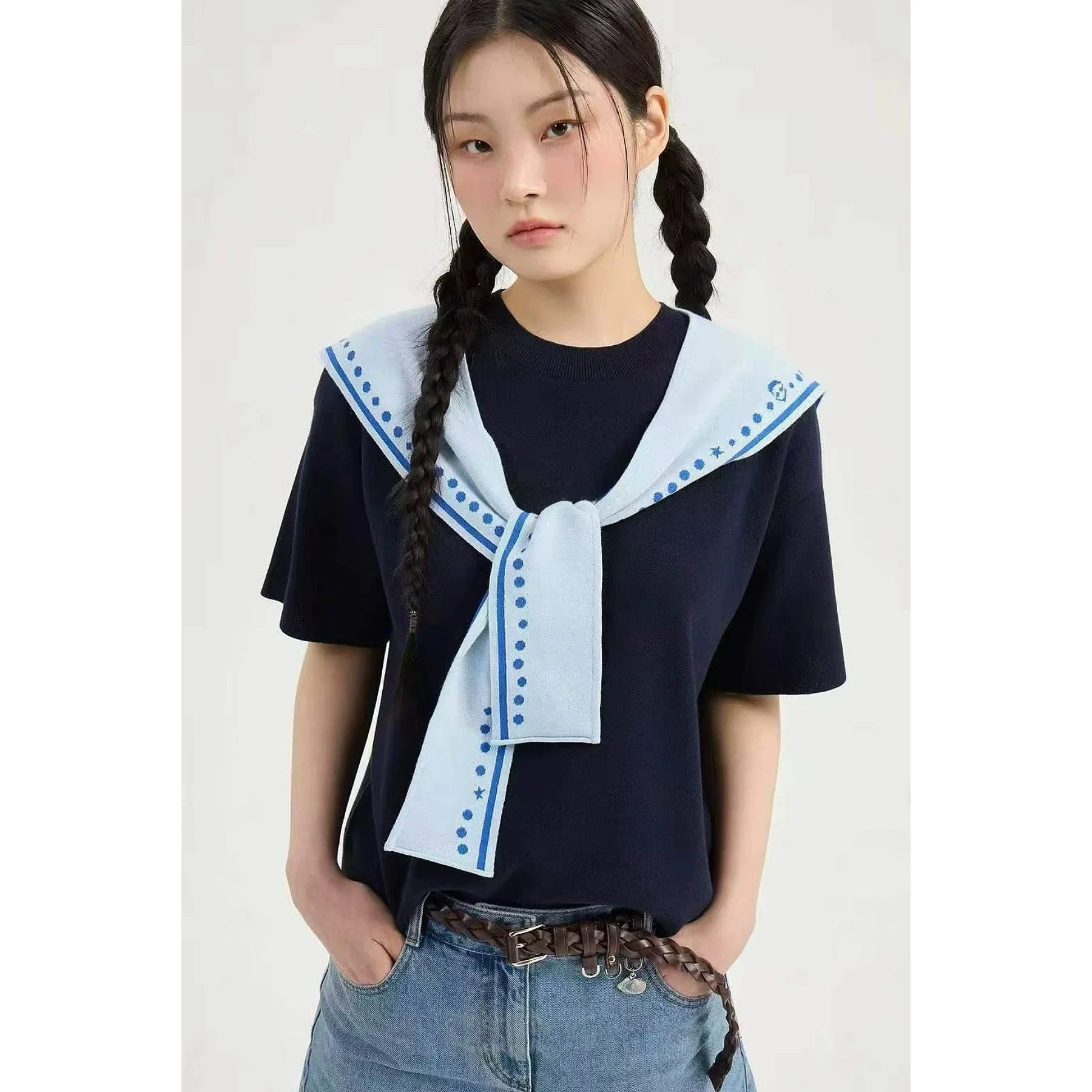 

Lemon Cheese High Quality Spring Loose round Neck Navy Collar Shoulder Scarf Fake Two-Piece Short Sleeve Knitted Sweater