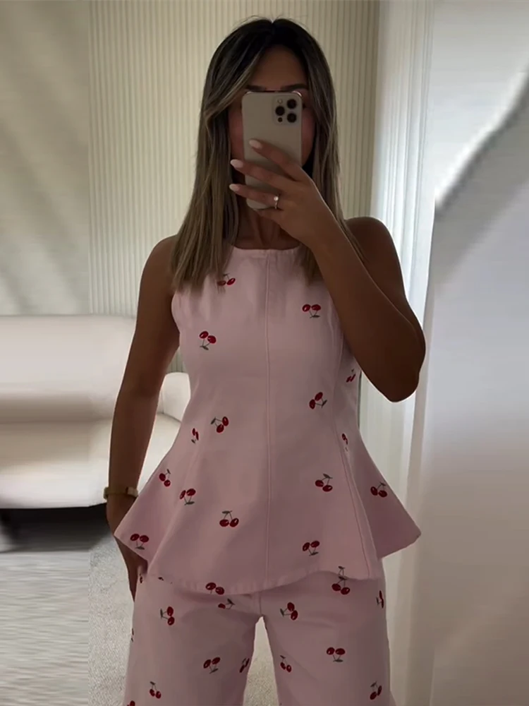 Damen-Hosenanzug 2-teilig Bedruckt O-Ausschnitt Ärmellos Rüschen Slim-Fit Oberteil mit Gebogenen Hosenbeinen Schicke Büro-Damen-Outfits Neu – Detail 26