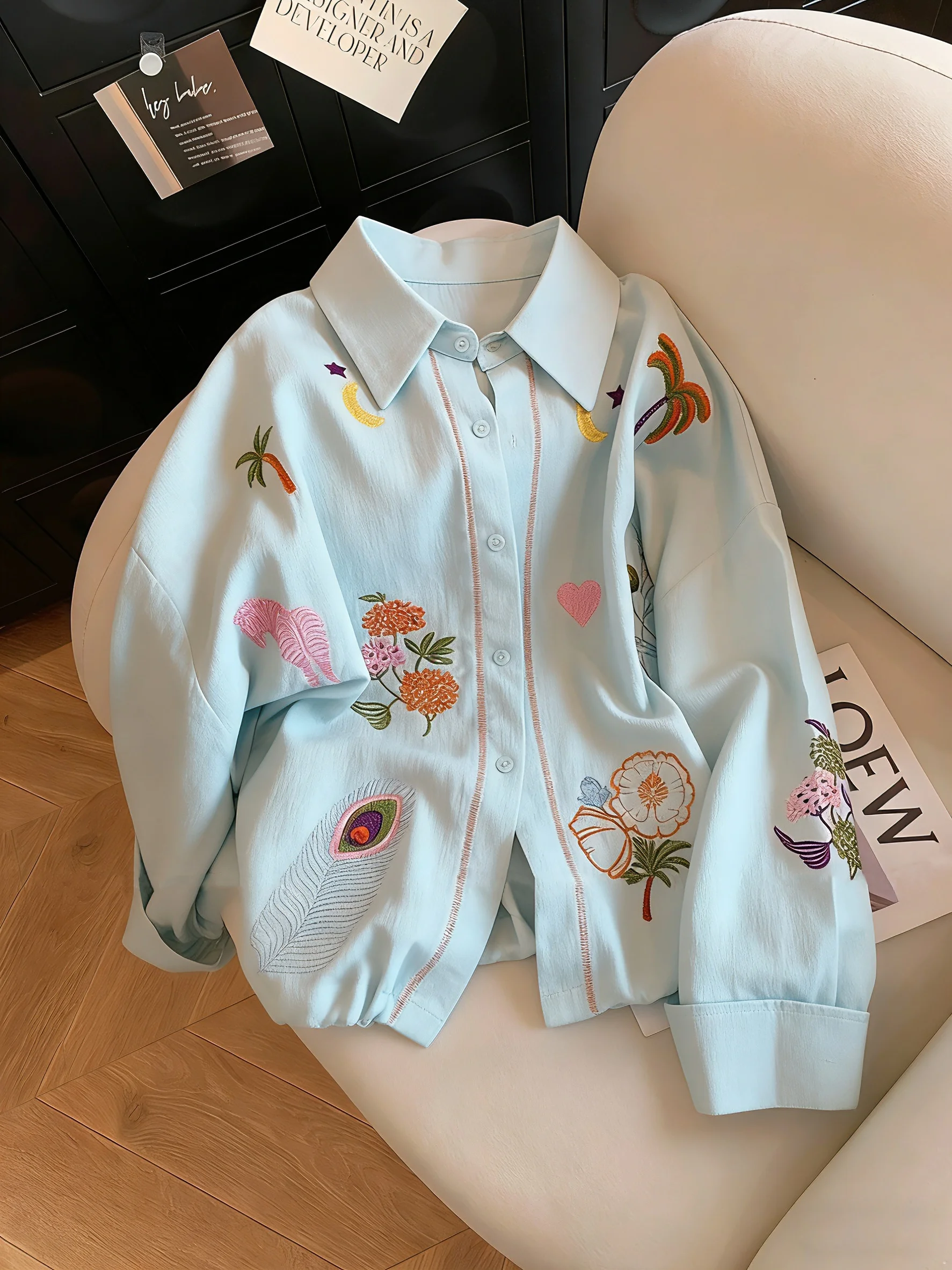 

Стильная синяя легкая повседневная рубашка свободного кроя с воротником и длинным рукавом для женщин, весна-осень, модная, высококачественная, на пуговицах