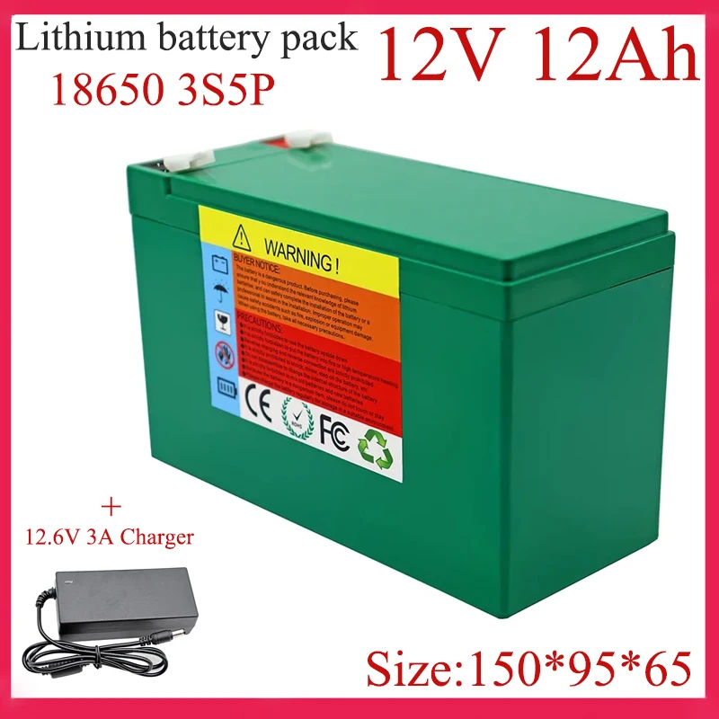 12V 12Ah 18650 3S5P Li-ion battery pack + 12.6V 3A charger Built-in 20A high power balance BMS 12V power supply high quality