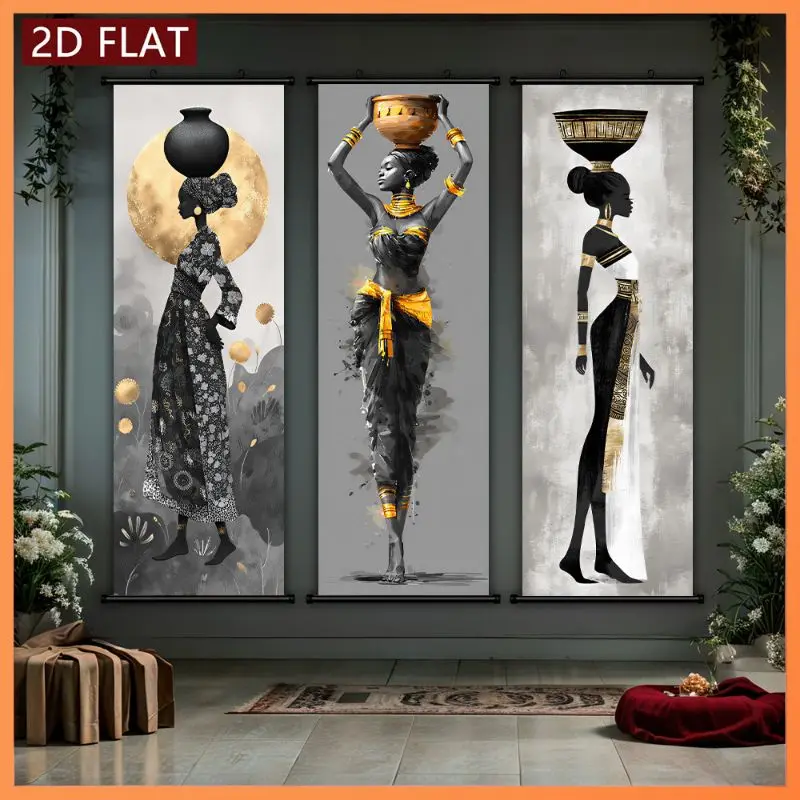 VIKAMA African Woman Pot Wall Tapestry Black Gold Dress Head Vase Portrait Scroll Art Home Decor Modern Style Soft Durable Cozy