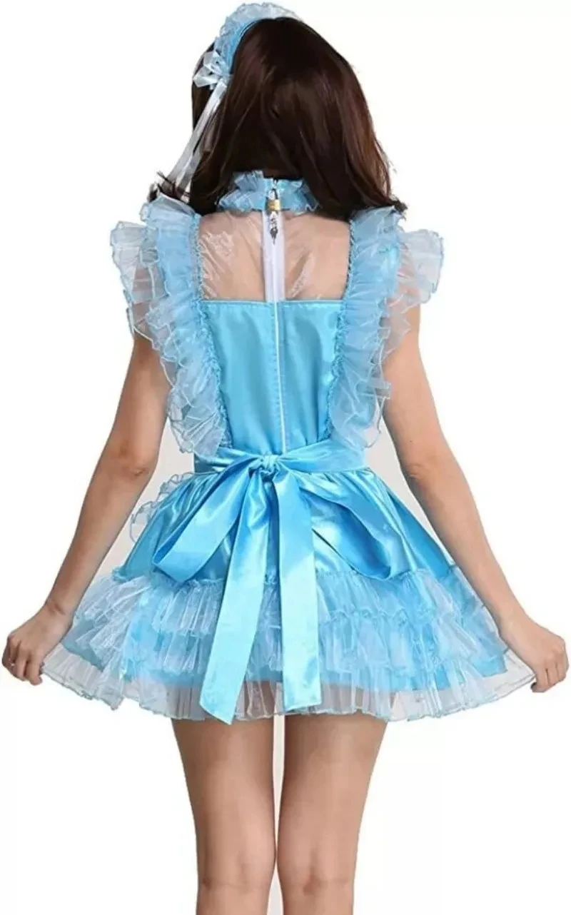 Sissy Girl blue satin lockable dress French maid cosplay costume Tailor-made