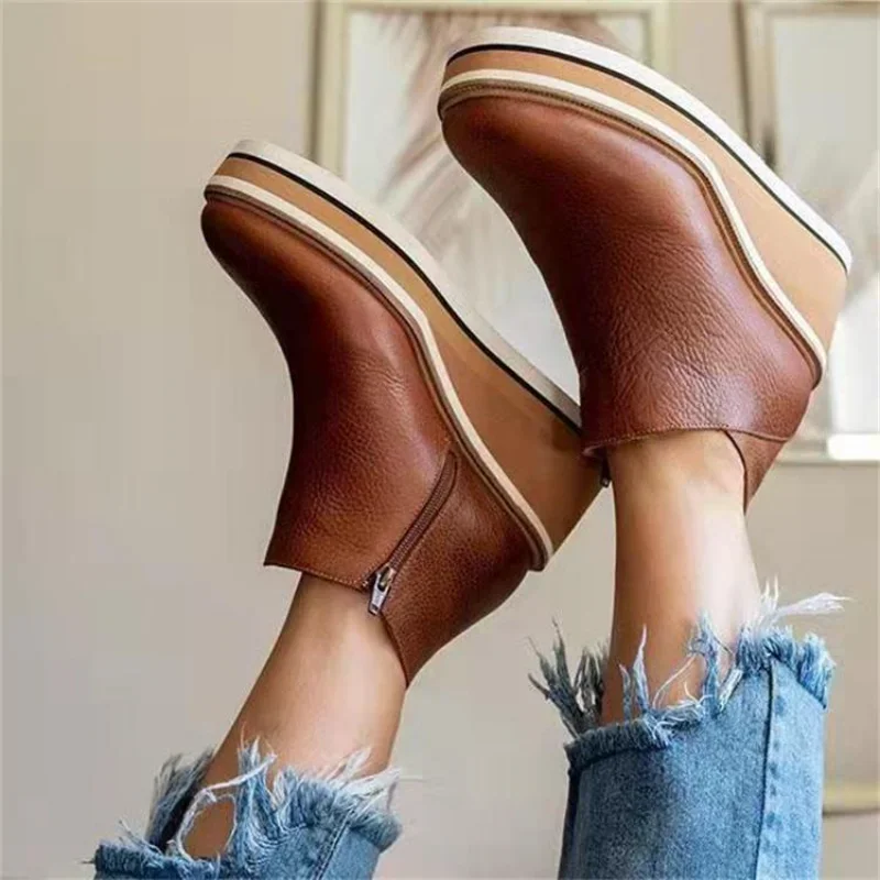 2023 Hot Sale Women's Shoes Basic Women's Boots Retro Ankle Boots Women Round Toe Side Zip Platform Wedges Shoes Ladies Zapatos