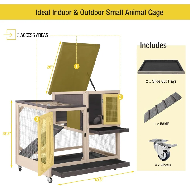 Aivituvin Rabbit Hutch Rabbit Cage Indoor Bunny Hutch with Run Outdoor Rabbit House with Two Deeper No Leak Trays - 4 Casters