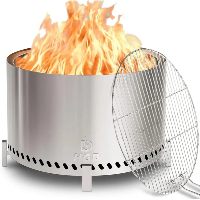 . Smokels Firepit with Stand & Grill Rack, Large Stainls Steel Wood Burning Fire Pit Friends & Family Gatherings, Se