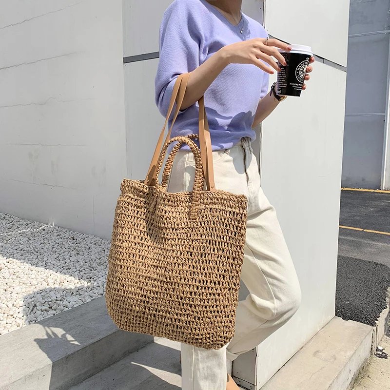 

casual straw women shoulder bags wicker woven handbags rattan summer beach bag large capacity tote lady big purses shopper new