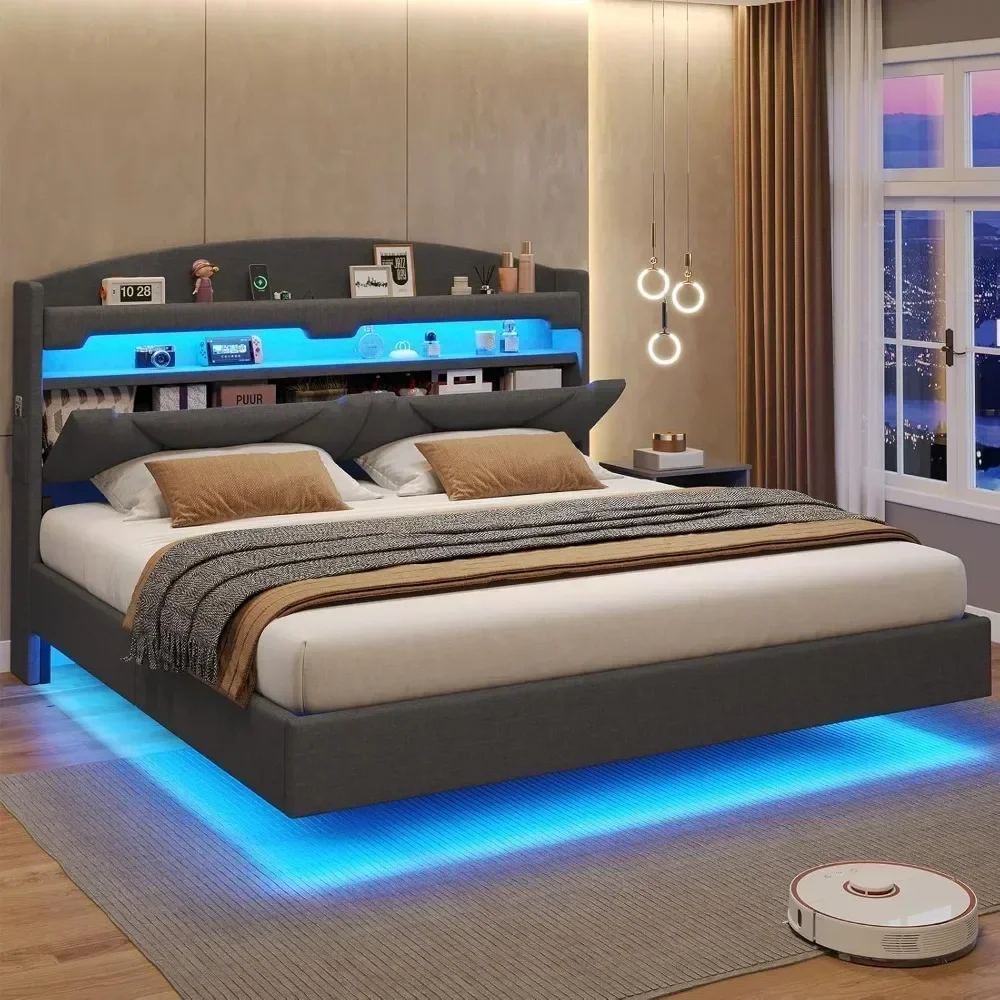 

Bed Frame, with Type-C Charging Station& Hidden Storage Headboard, King RGB Floating Platform Bed, Bed Frame