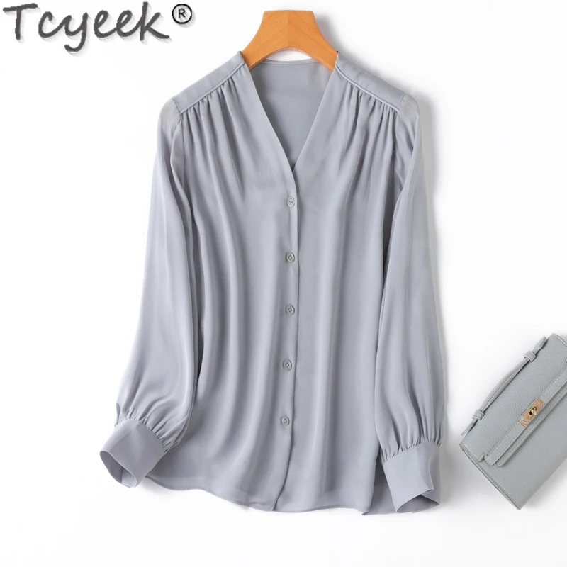 

Tcyeek Women's Shirt 100% Mulberry Silk Shirts Spring Summer Long Sleeve Top Female OL Style Fashion Shirts for Women V-neck